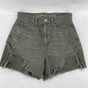 AEO American Eagle Highest Rise Mom Shorts Olive Green Distressed Frayed Hem 00